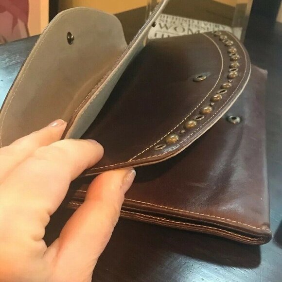 Nordstrom Brown XL Leather Brass Studs Wallet - Picture 8 of 14